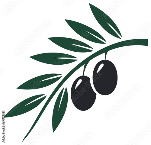 Olive branch with green leaves and two ripe olives, simple graphic.