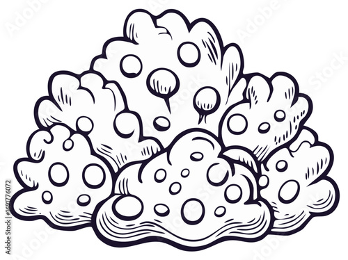Monochrome line art illustration of a porous sea coral or marine sponge cluster