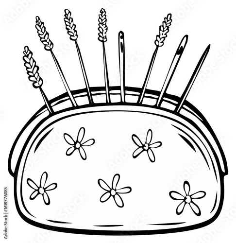 Floral Pin Cushion with Needles and Wheat Stalks, Sewing Art Line Drawing