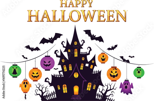 A spooky halloween haunted house with bats and pumpkin lanterns, creating a chilling and festive atmosphere for the holiday
