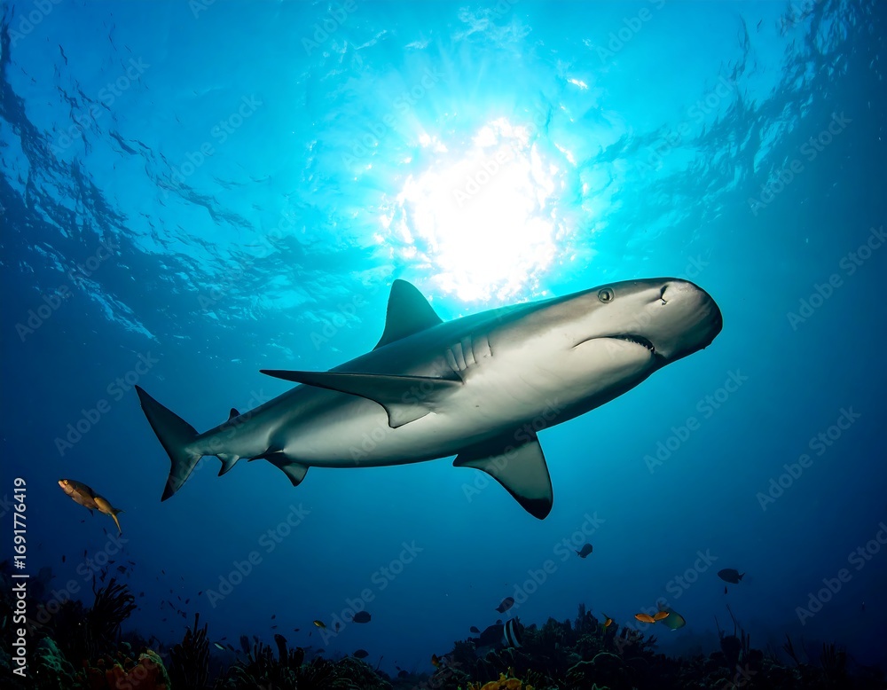 Naklejka premium Shark in ocean sunlight