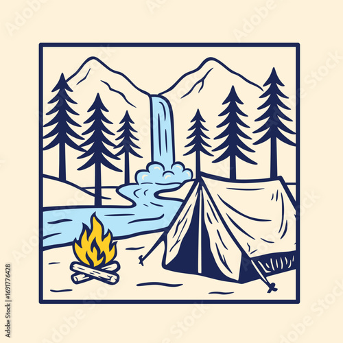 Vector illustration of camp near the waterfall with mountains and pine tree forest. Simple hand drawn line art sketch for T-Shirt, poster, logo template.
