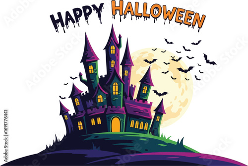 A spooky halloween castle, complete with bats flying around and a full moon in the for a scary night