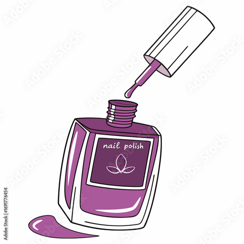 Purple nail polish bottle with brush and spilled polish on white background Keywords: nail polish