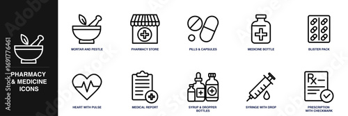Pharmacy and Medicine Line Icon Set