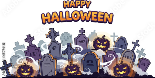 A graveyard scene for halloween, with tombstones and pumpkins with scary faces, for a spooky and fun holiday