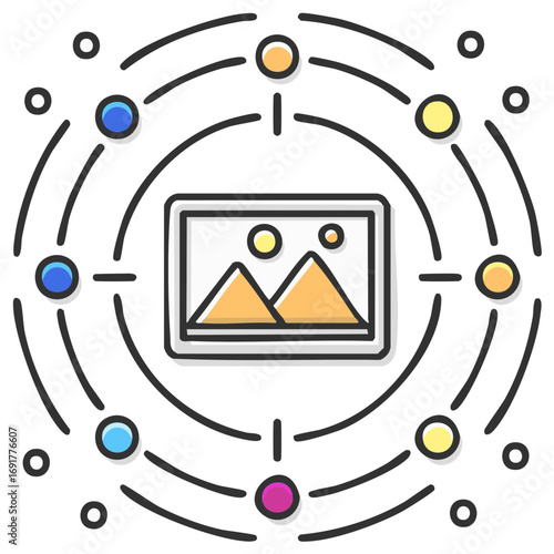 Digital image sharing icon with a photo at the center of a connected network.