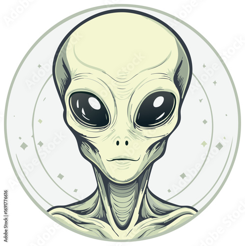 Stylized Alien Portrait Illustration with Big Eyes on Circle Background