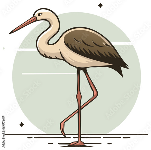 Elegant stork bird illustration with long legs and beak standing in a simple nature scene