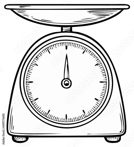 Kitchen scale illustration: a sketch of balance with a bowl for measuring weight.