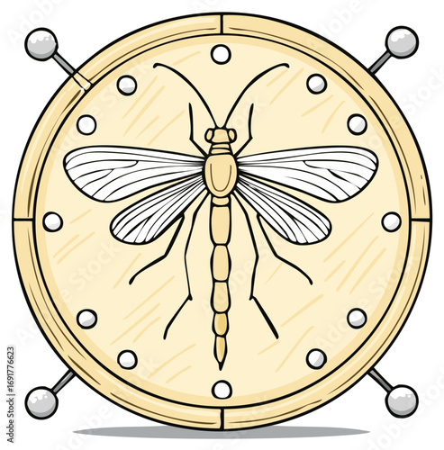 Illustration of a dragonfly pinned to a round wooden display with push pins