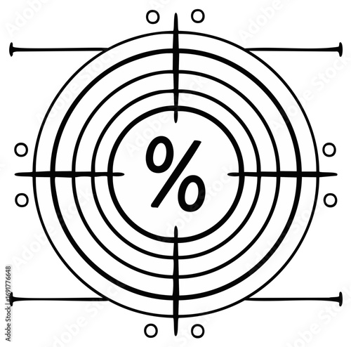 Hand drawn target icon with percent symbol representing discounts, rates, and financial objectives
