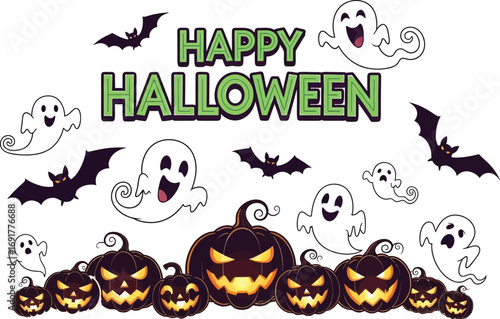 A halloween scene with pumpkins, ghosts, and bats, for a spooky and fun holiday celebration in the month of october