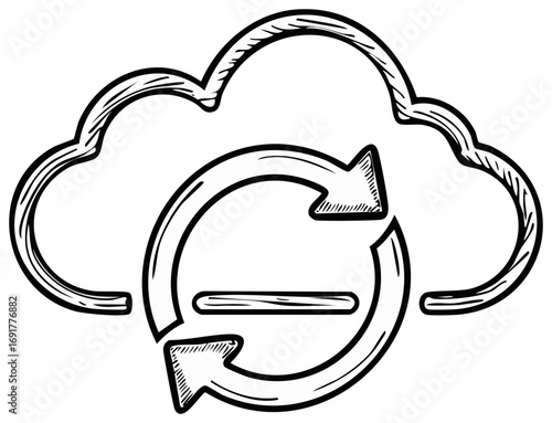Doodle cloud icon with circular arrow and minus sign for digital data removal or storage downgrade.