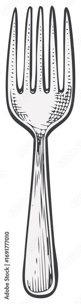 Obraz premium Engraved fork kitchen utensil drawing. Dining tool illustration for menu design, prints, and decoration.