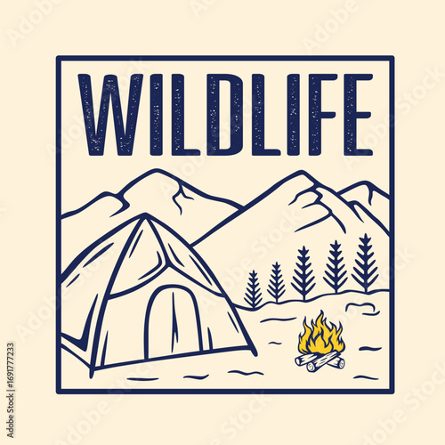 Vector illustration of camp with campfire, boulders, mountains and pine trees. Simple hand drawn line art sketch for T-Shirt, poster, logo template.