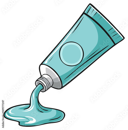 Illustration depicting a squeezed tube of blue paint with liquid flowing out onto a plain surface