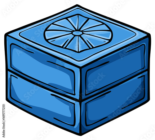 Blue cartoon-style air conditioner unit with fan