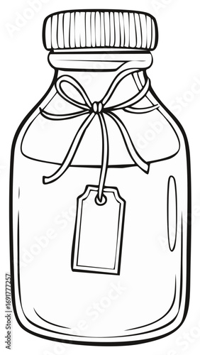 Glass jar with liquid tied with ribbon and gift tag line drawing
