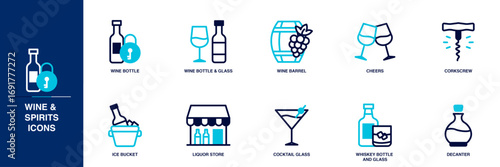 Wine and Spirits Blue Colored Outline Icon Set