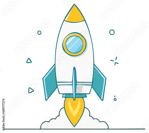 Cartoon rocket ship launching into space illustration for startup business innovation and new ideas