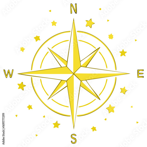 Golden Compass Rose Navigational Tool with Cardinal Directions and Scattered Stars