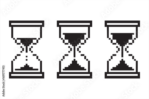 Retro pixel hourglass vector illustrations for time and countdown themes