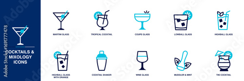 Cocktails and Mixology Blue Colored Outline Icon Set