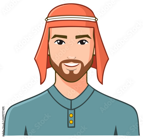 Arab man smiling wearing traditional keffiyeh and teal thobe illustration