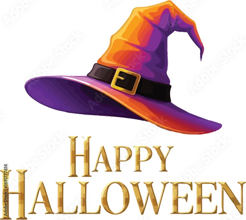 A festive happy halloween greeting card featuring a purple and orange witchs hat, perfect for seasonal celebrations