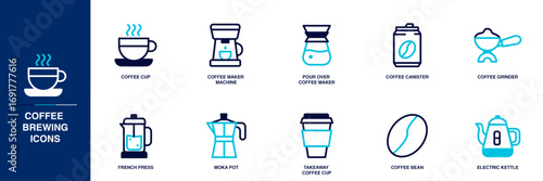 Coffee Brewing Blue Colored Outline Icon Set