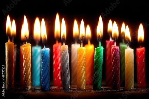 Colorful birthday candles, various hues, burning brightly in a dark background