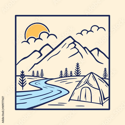 Vector illustration of camp over the stream with boulders, mountains and pine trees. Simple hand drawn line art sketch for T-Shirt, poster, logo template.