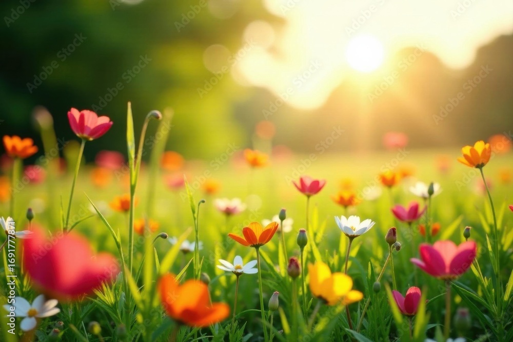 Obraz premium Sunlit meadow ablaze with wildflowers, gentle breeze, colorful, outdoor, floral