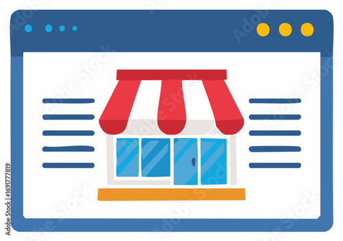 Online store interface, red canopy shop front inside a browser window, flat design