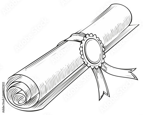 Graduation diploma scroll with ribbon and medallion seal line art illustration