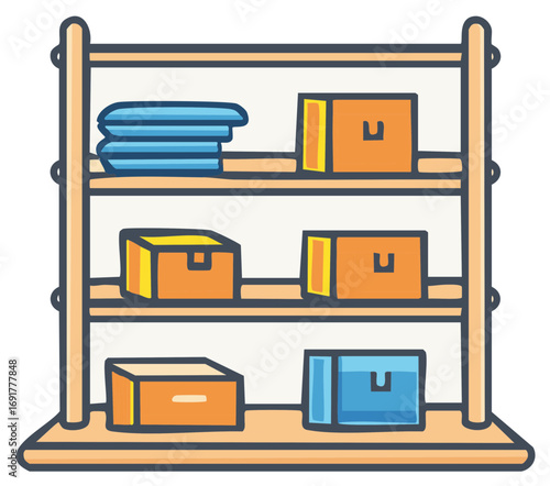 Illustration of Shelf with Books Boxes and Stacked Cloth. Organization and Storage Concept for Home and Office