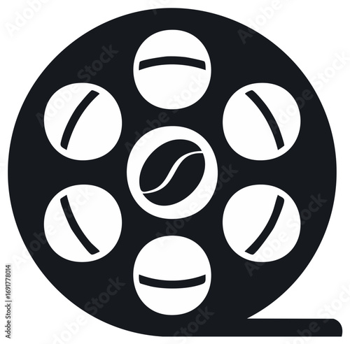 Conceptual icon of a film reel with a central coffee bean and surrounding pills or tablets