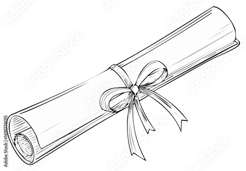 Hand drawn illustration of a rolled diploma scroll tied with a ribbon bow