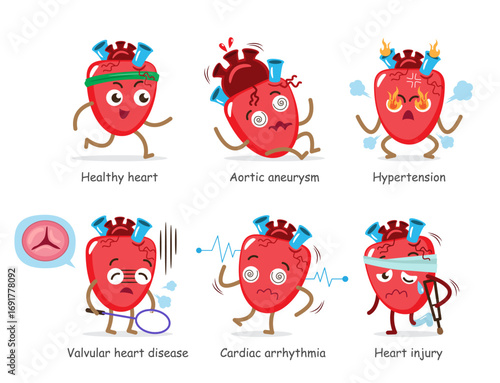 Set of Human heart internal organ cartoon character illustration set 3 of 4 . White isolated background . Vector .