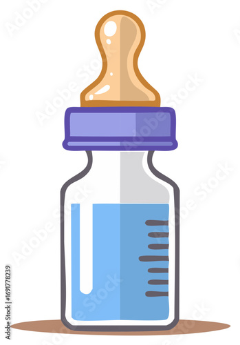 Cartoon Baby Bottle With Blue Liquid And Nipple