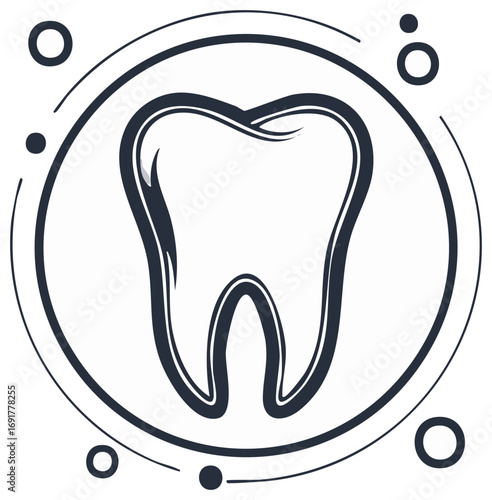 Dental Outline with Round Lines, Clean Tooth Symbol, Oral Hygiene Logo, Dentist Line Art Icon, Whitening Concept