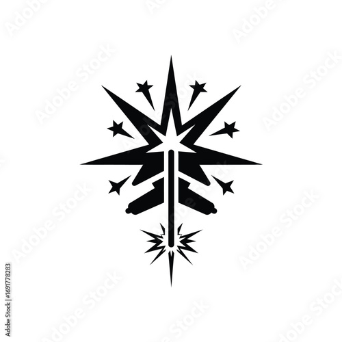 Black starburst explosion icon with small stars firecracker