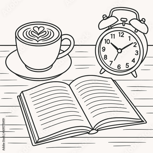 Outline clean vector illustration of a coffee latte with a book and alarm clock on a wooden table