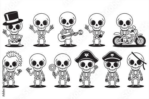 Cartoon skeleton icon collection with costumes and musical instruments