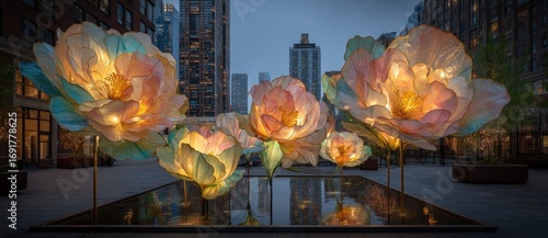 Fototapeta Naklejka Na Ścianę i Meble -  Large, luminous flowers in a city plaza