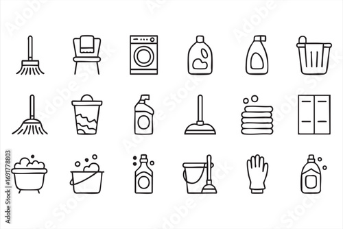 Household cleaning supply vector illustrations with gloves and soap