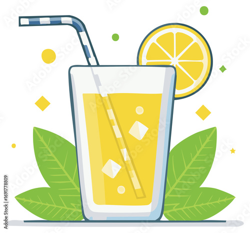 Refreshing glass of lemonade with lemon slice ice cubes straw and green leaves flat vector illustration