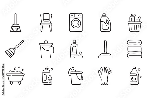 Vector cleaning and laundry icons set with detergent, mop, and washing machine