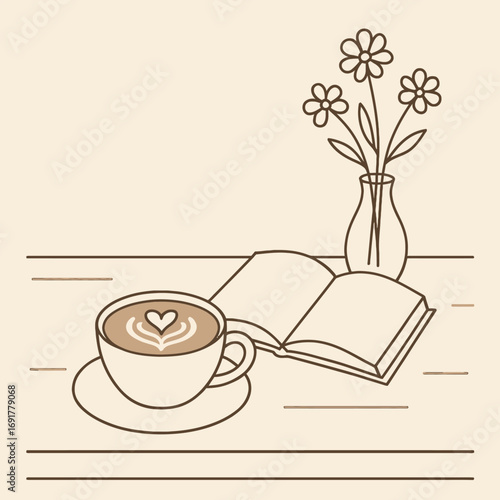 Minimalist outline illustration of a coffee latte with a book and vase of flowers on a wooden desk